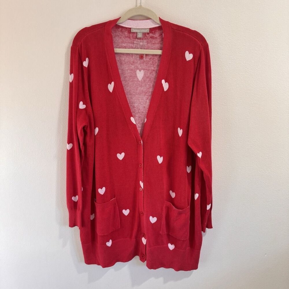 NWOT Woman Within Cardigan Sweater 22/24 1X Red White Hearts V-neck Cotton